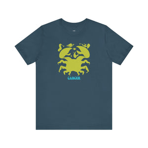 Dark blue Cancer zodiac graphic tee with lime-green crab and celestial elements design by Fugitive Tees.