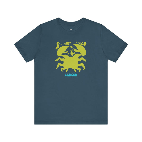 Dark blue Cancer zodiac graphic tee with lime-green crab and celestial elements design by Fugitive Tees.