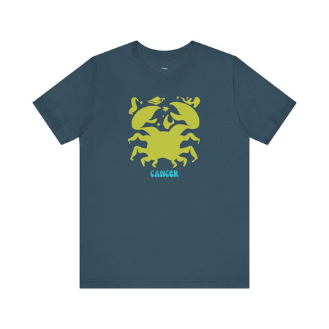 Dark blue Cancer zodiac graphic tee with lime-green crab and celestial elements design by Fugitive Tees.