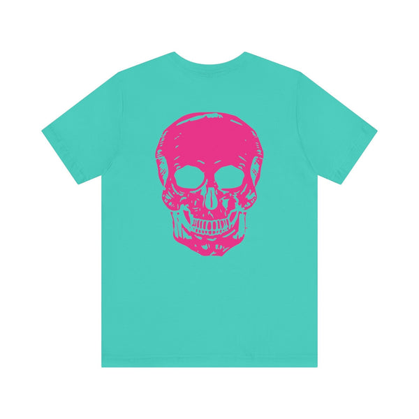 Teal punk rock t-shirt with bold pink skull graphic on the left chest.