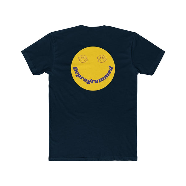 1990's black rave t-shirt with large yellow smiley face and "Deprogrammed" text on back