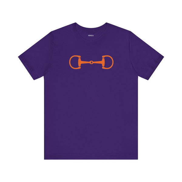 Purple graphic tee with bold orange horsebit design, heritage equestrian streetwear style