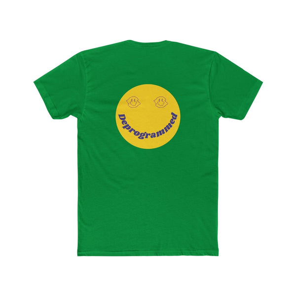 Green 1990's rave t-shirt with large yellow smiley face and "Deprogrammed" text on the back statement streetwear tee