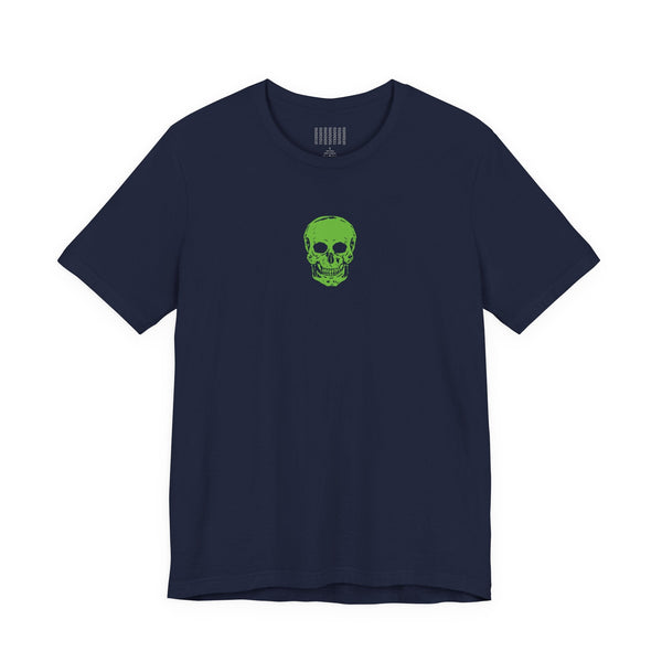 Unisex navy tee with centered neon green skull graphic and ribbed collar