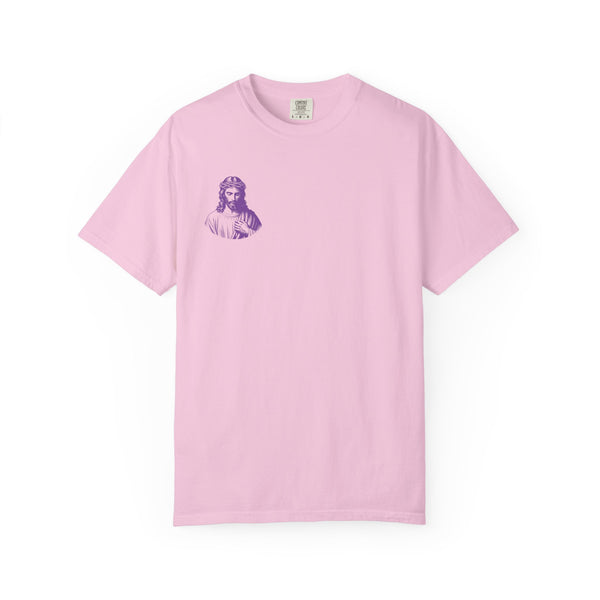Purple tee with mini purple Jesus graphic on front left chest, soft garment-dyed fabric, streetwear style.