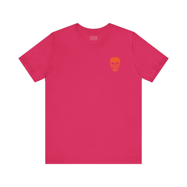 Red unisex t-shirt with small orange skull graphic on front left chest, made from soft cotton for cool skull shirts.