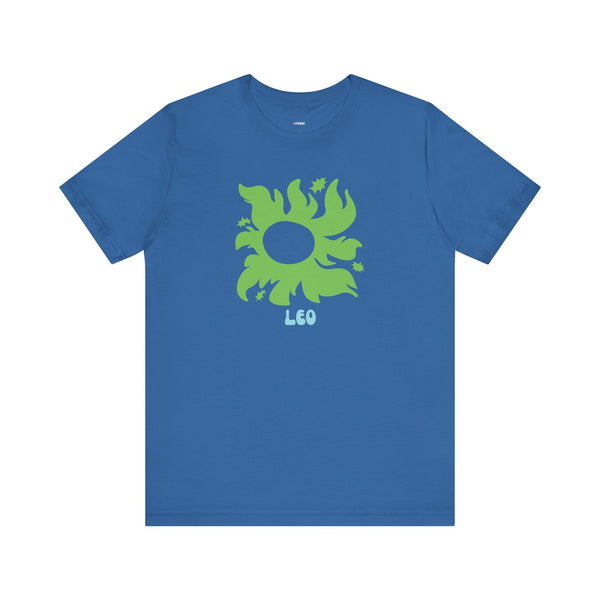 Blue unisex Leo t shirt with green Leo sunburst graphic and star accents, soft cotton astrology shirt