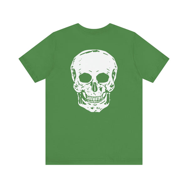 Green skull graphic tee with jumbo white skull design on the back