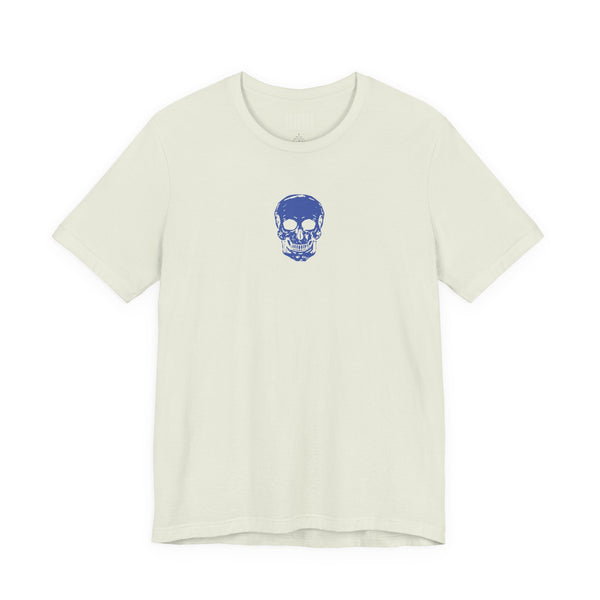 White graphic t shirt with small blue skull design on chest minimalist style