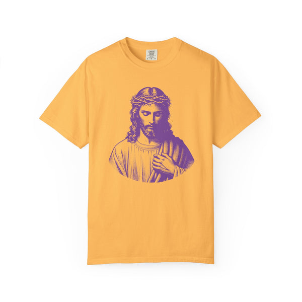 Yellow t-shirt with purple divine Jesus front print, Christian clothing style