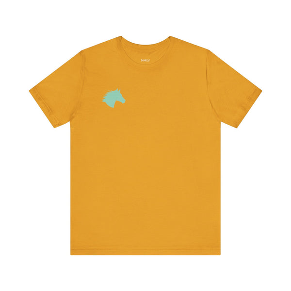 Minimalist mustard equestrian t-shirt with mint horse head graphic on left chest