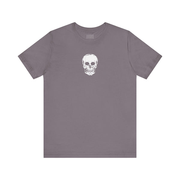 Gray t-shirts with centered small white skull front print, soft cotton material, casual streetwear style.