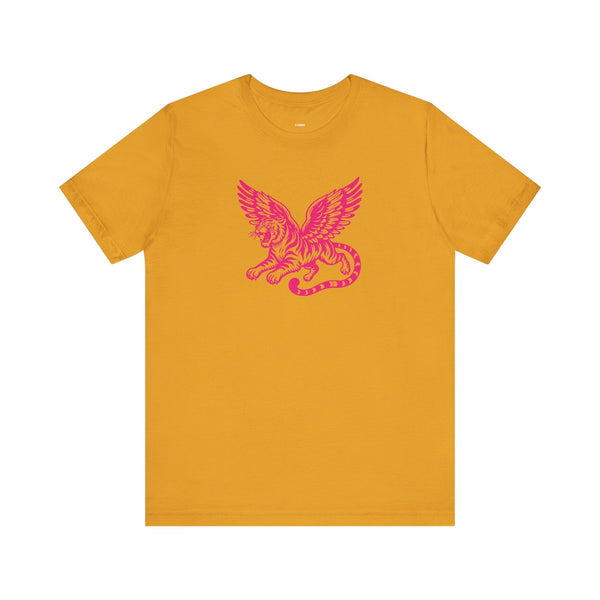 Mustard yellow mythical t shirt with a pink winged lion graphic, streetwear style design.