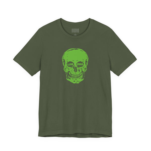 Olive green graphic tee with bright green skull and "Live Free" text print on front