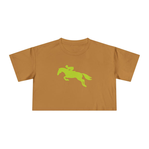 Cropped brown t shirt with lime green hunter jumper horse and rider graphic, soft breathable cotton, modern fit for equestrian style