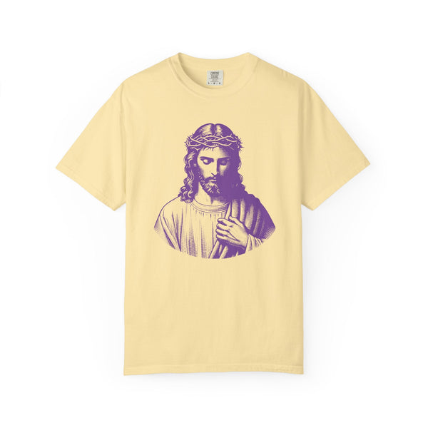 Purple graphic tee with vintage Jesus front print, 100% cotton Christian clothing