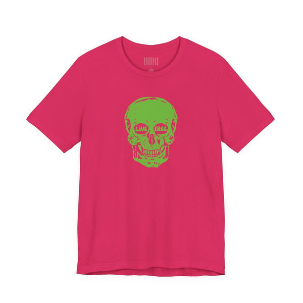 Pink graphic tee with green Live Free skull front print, soft cotton fabric