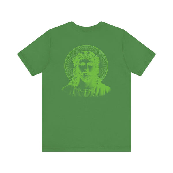 Green Jesus graphic tee with jumbo green halo Jesus print on the back and mini front print, made from soft cotton streetwear.