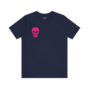 Navy t-shirt with small pink skull graphic on front left chest, part of Fugitive Tees collection