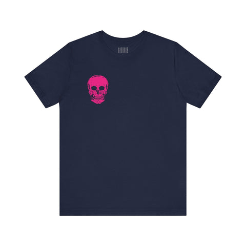Navy t-shirt with small pink skull graphic on front left chest, part of Fugitive Tees collection