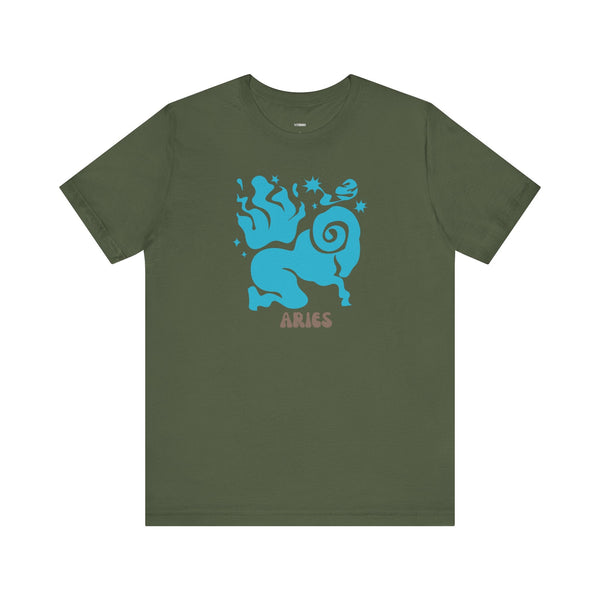 Olive green Aries zodiac graphic t-shirt with blue Aries symbol and "Aries" text, part of Fugitive Tees collection.