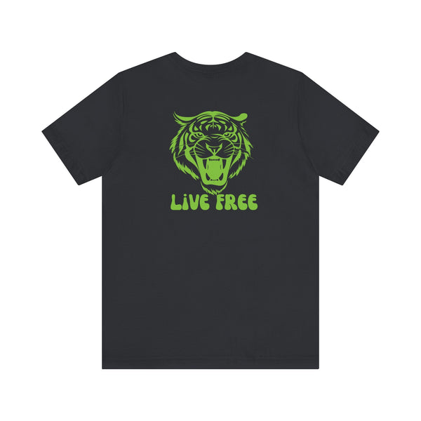 Green retro vintage tiger graphic tee with "Live Free" print on black background