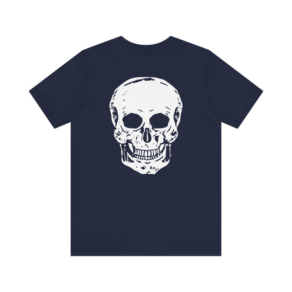 Navy skull graphic tee with mini front print and large white skull design on back, made from 100% premium cotton.
