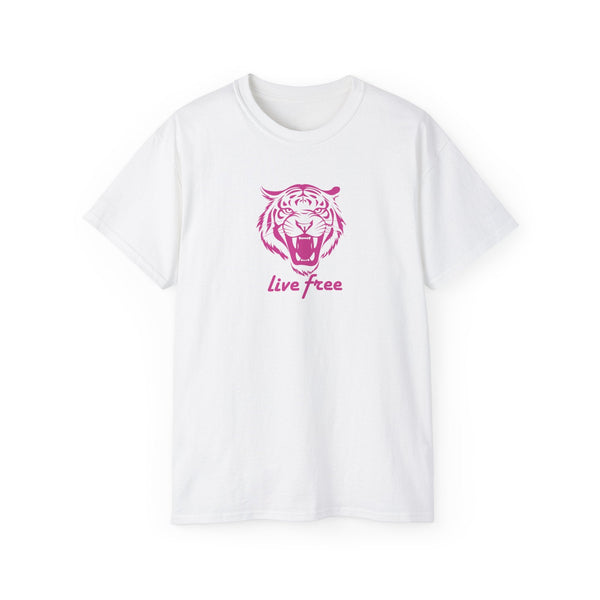 White statement tee with pink roaring tiger graphic and "Live Free" slogan, unisex cotton shirt