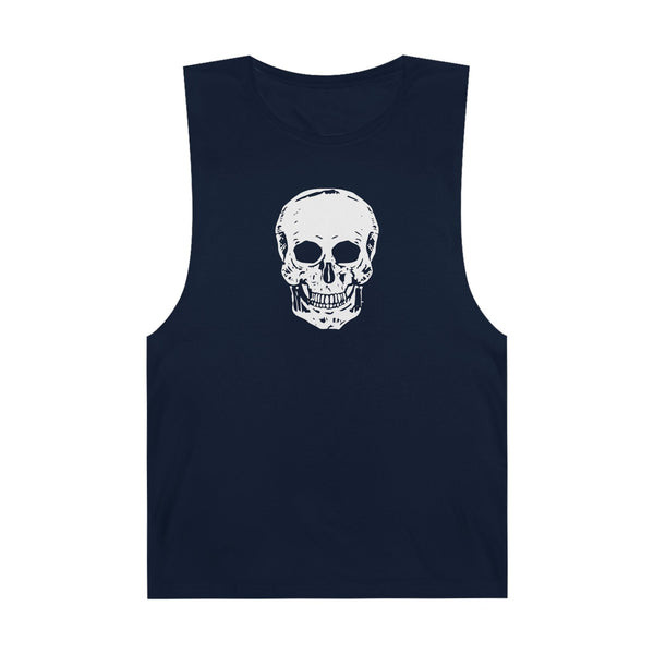 Black sleeveless tank top with bold white skull graphic on the front, casual streetwear style