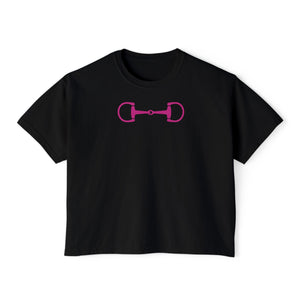 Black oversized equestrian t shirt with hot pink horse bit graphic, stylish equestrian fashion top.
