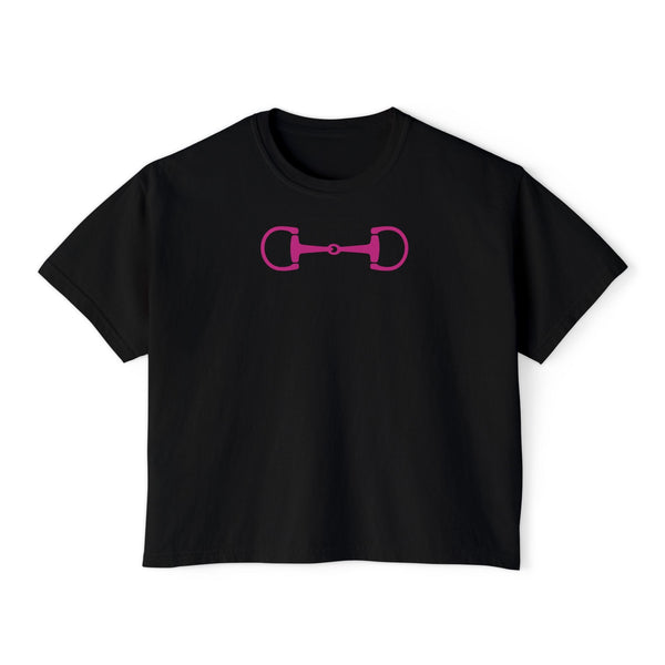 Black oversized equestrian t shirt with hot pink horse bit graphic, stylish equestrian fashion top.