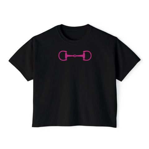 Black oversized equestrian t shirt with hot pink horse bit graphic, stylish equestrian fashion top.