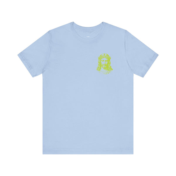 Light blue Jesus t-shirt with lime green mini Jesus graphic on front left side, unisex fit, soft cotton material