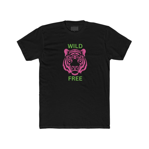 Black crew neck tee with neon pink tiger graphic and lime green "Wild Free" text