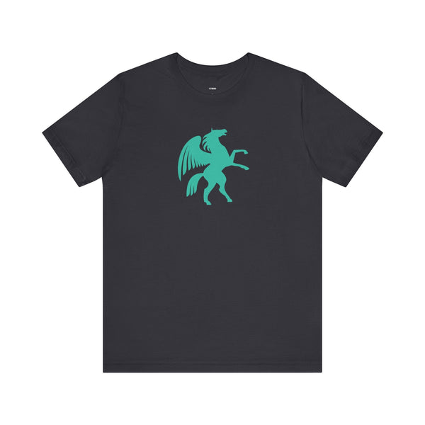 Black unisex t-shirt with turquoise Pegasus graphic from the Mythical Series, made of breathable cotton