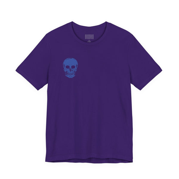 Purple graphic tee shirts with small blue skull print on front, made of soft cotton, streetwear style