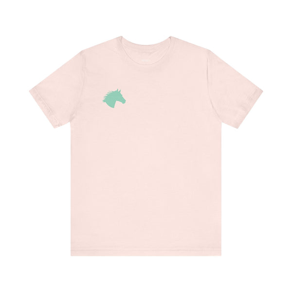 Minimalist light pink equestrian t-shirt with mint green horse head graphic on the left chest