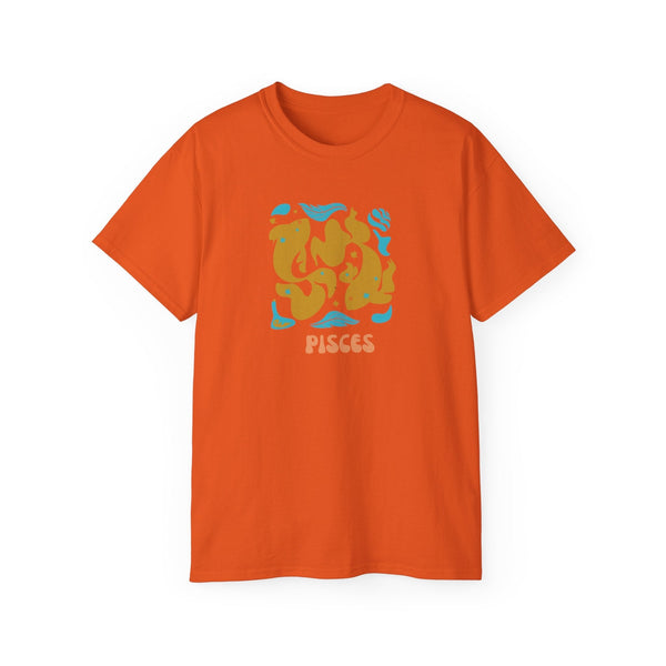 Orange Pisces zodiac t shirt with artistic Pisces graphic and text, made from soft breathable cotton.