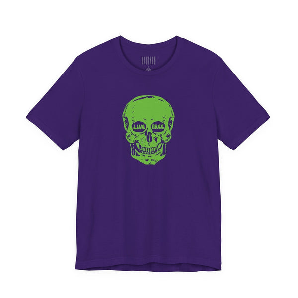 Purple graphic tee with green "Live Free" skull print on front