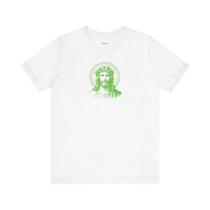 White tee with green mid-scale Jesus front print and halo religious graphic design