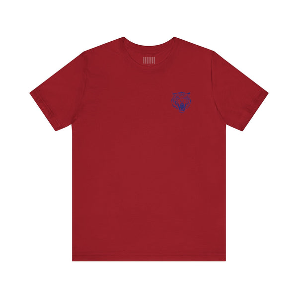 navy blue retro graphic tee with small roaring tiger head print on left front side