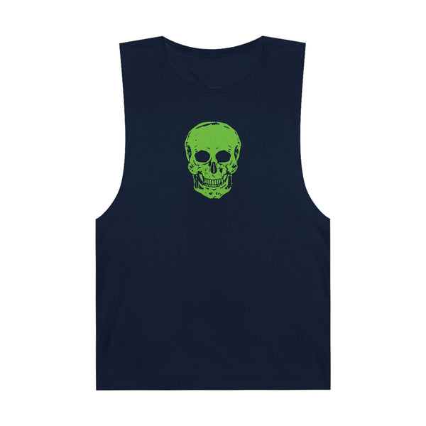 Black goth skull tank top with bold green skull graphic, edgy muscle tee for alternative streetwear