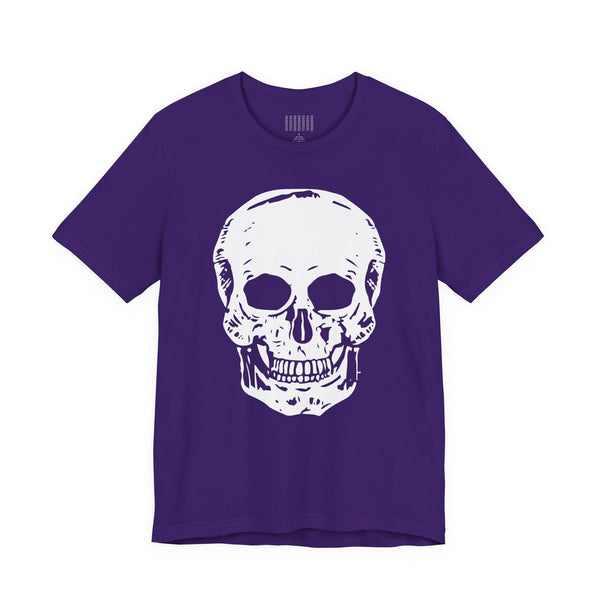 Purple t-shirt with a skull graphic front print, bold streetwear style.