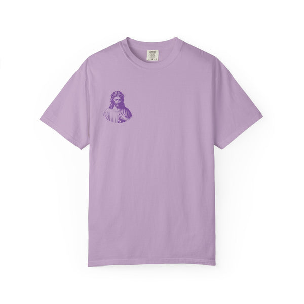 Purple unisex t-shirt with small left chest Jesus graphic, Christian streetwear style, made of soft 100% US cotton.