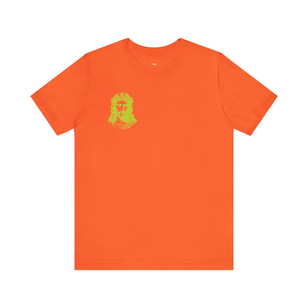 Orange t-shirt with a small lime green Jesus graphic on the front left chest.