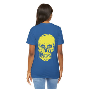 Blue tee with yellow Live Free skull back print by Fugitive Tees worn by woman