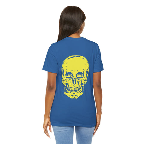 Blue tee with yellow Live Free skull back print by Fugitive Tees worn by woman