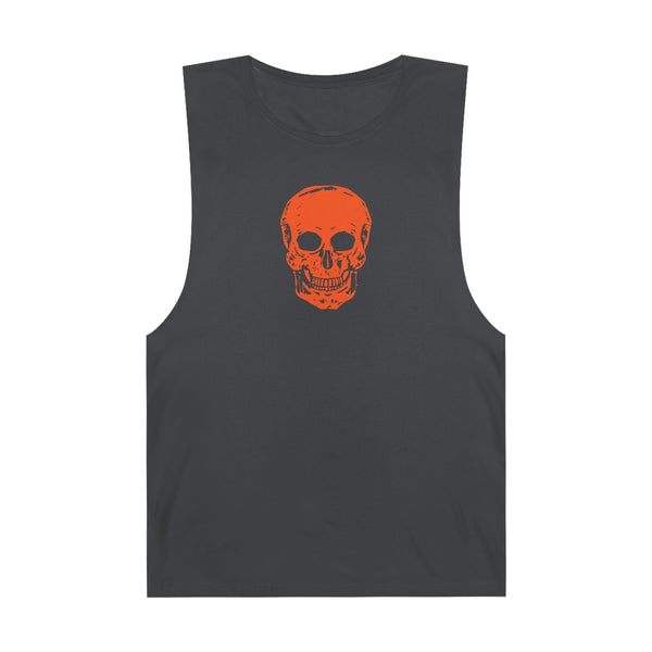 Grunge inspired black tank top with bold orange skull graphic centered on front