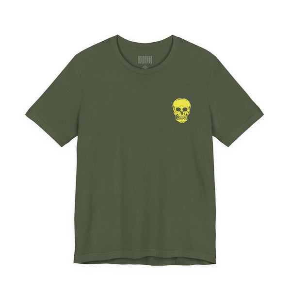 Olive green underground style tee with mini yellow skull chest print and jumbo back graphic