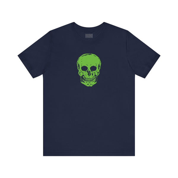 Navy blue cotton t-shirt with bold green skull graphic on front, streetwear style.
